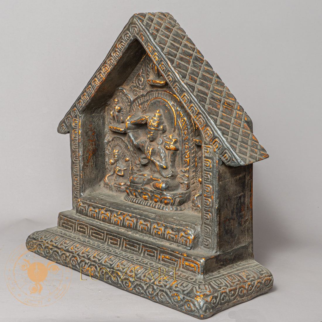 Handcrafted Wooden & Clay Manjushree House Altar – Antique Style Himalayan Shrine Niche