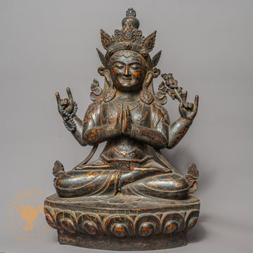 Handcrafted Wooden Chengresi Statue – Antique Style Four-Armed Avalokiteshvara Carving