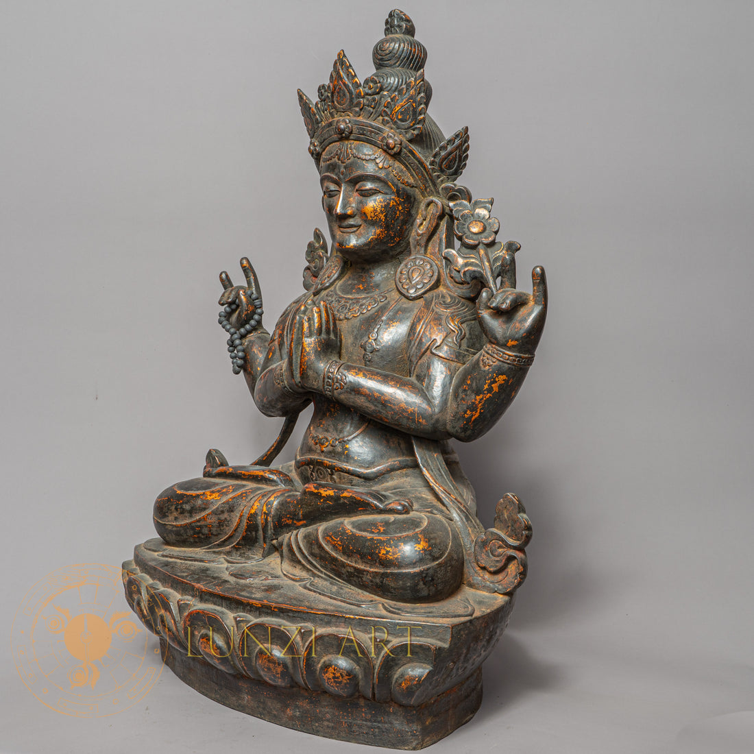 Handcrafted Wooden Chengresi Statue – Antique Style Four-Armed Avalokiteshvara Carving