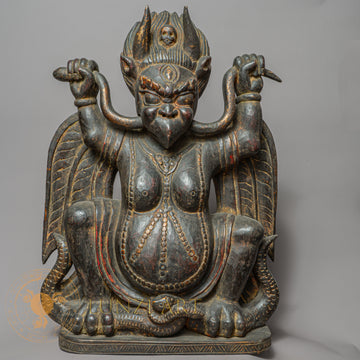 Handcrafted Wooden Garuda Statue – Antique Style Himalayan Guardian Carving