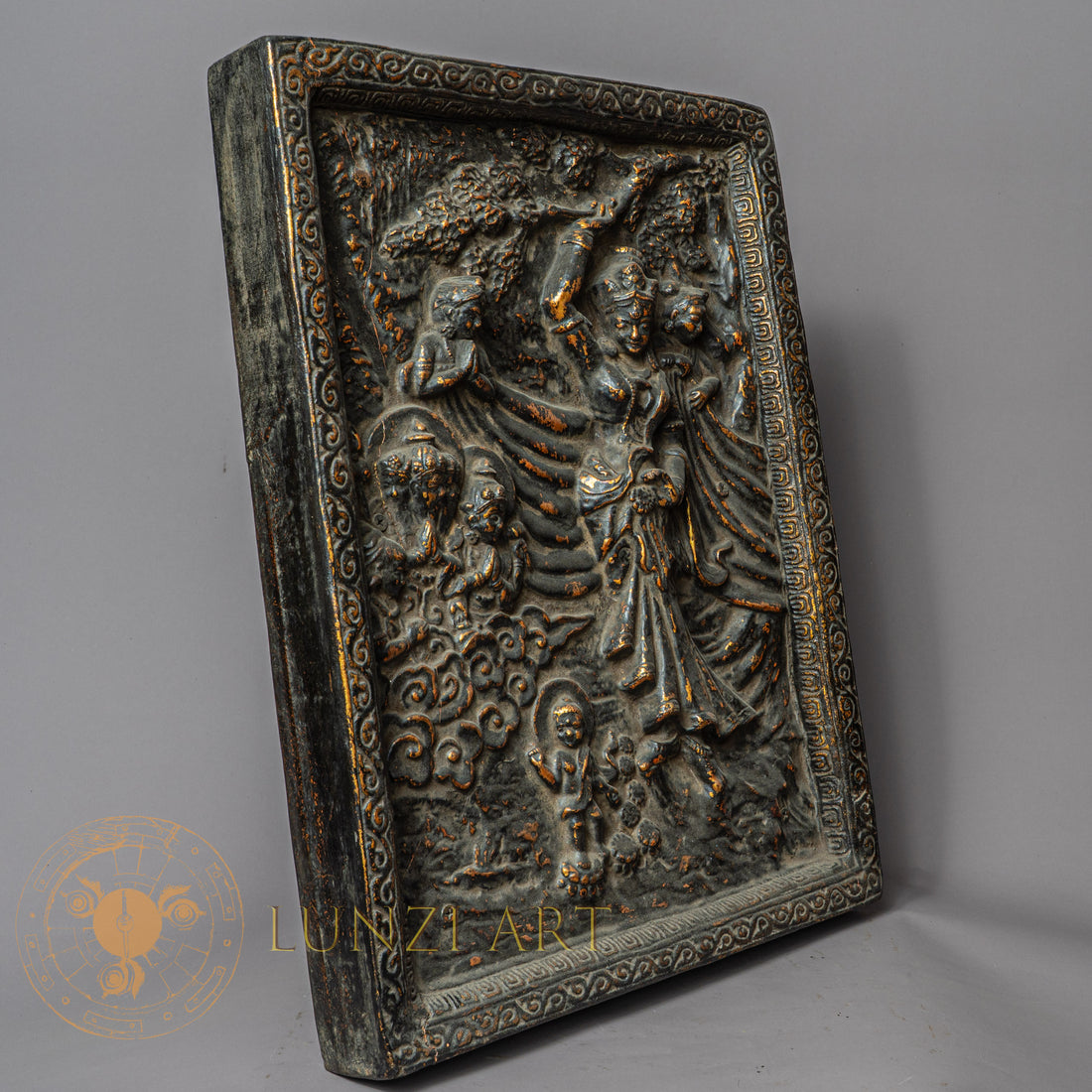 Handcrafted Queen Maya Devi Frame – Antique Style Wood & Clay Relief Panel