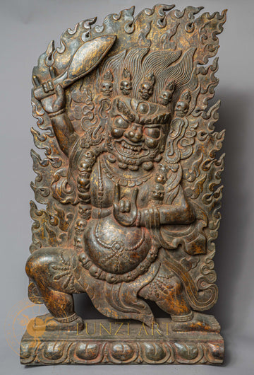 Handcrafted Wooden Vajrapani Statue – Antique Style Wrathful Protector Carving