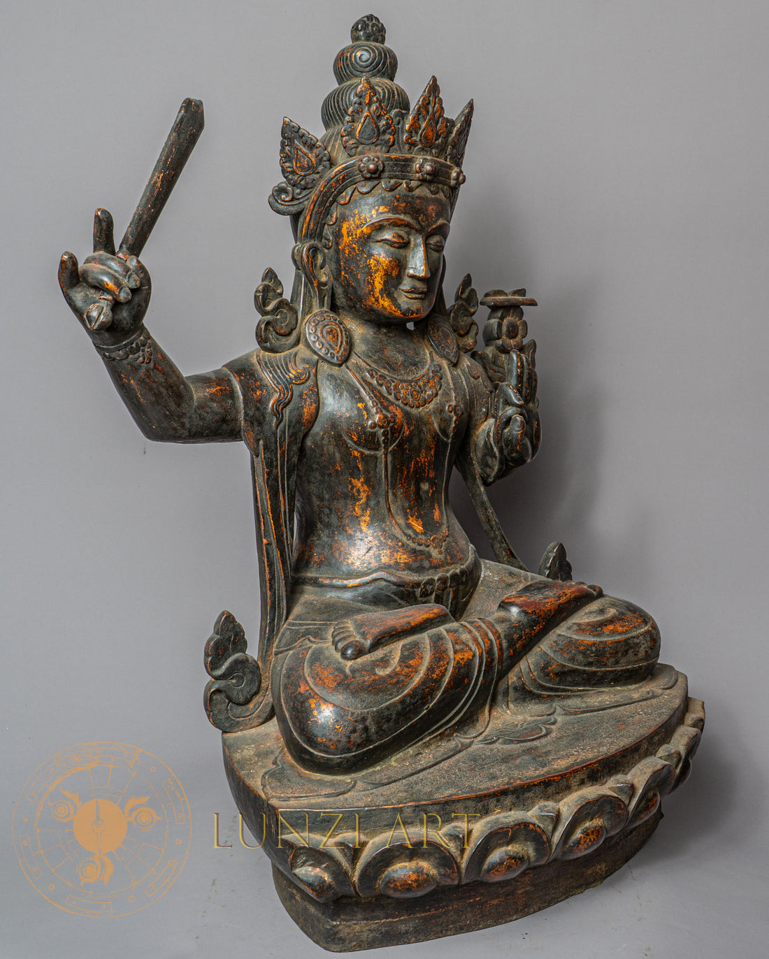 Handcrafted Wooden Manjushree Statue – Antique Style Bodhisattva of Wisdom Carving