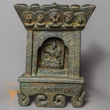 Handcrafted Wooden & Clay Manjushree Shrinework Altar – Antique Style Himalayan Devotional Niche