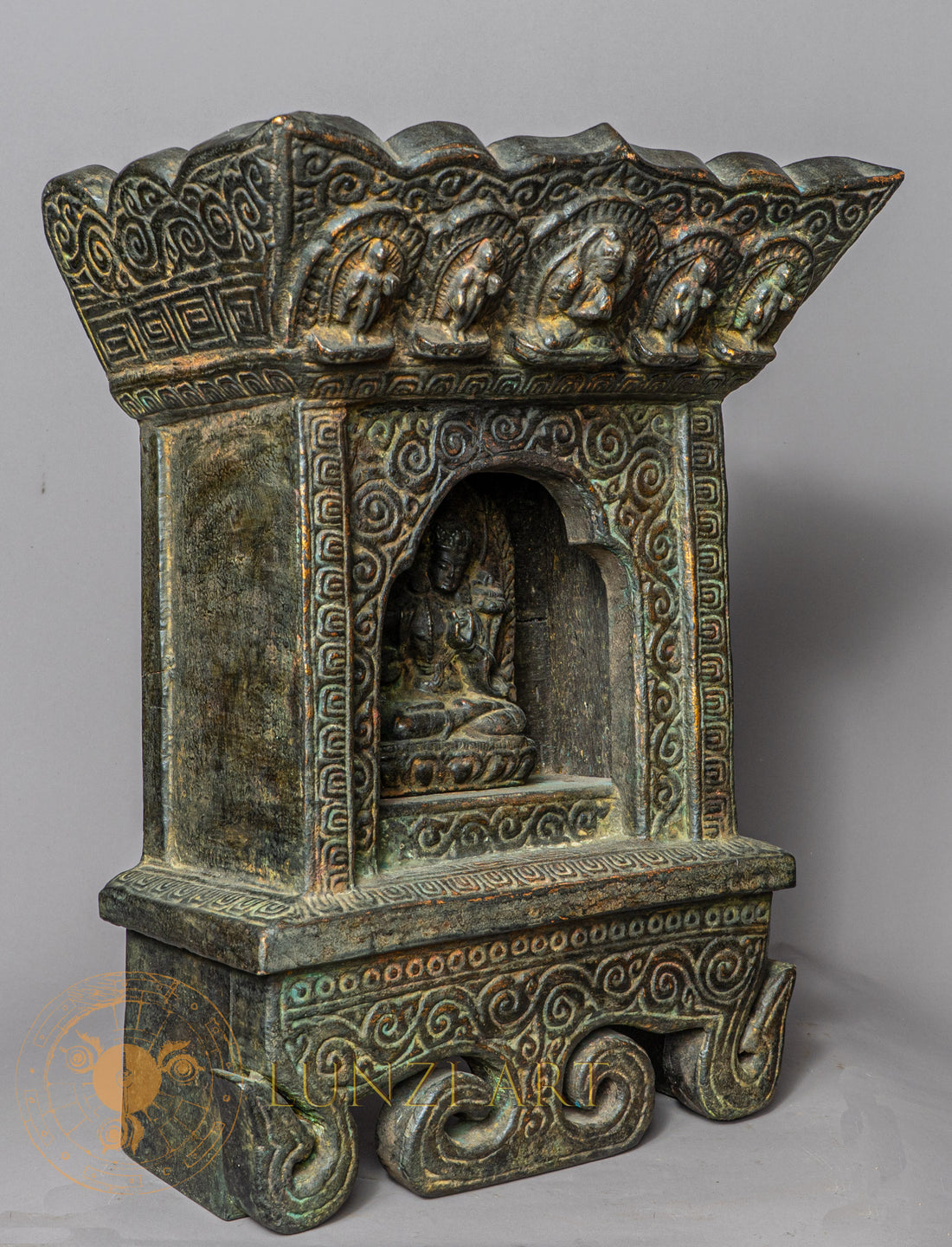 Handcrafted Wooden & Clay Manjushree Shrinework Altar – Antique Style Himalayan Devotional Niche