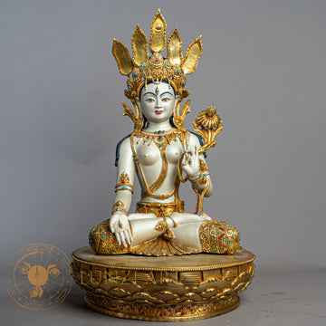 White Tara Statue | Gold-Plated Copper with Silver Dust