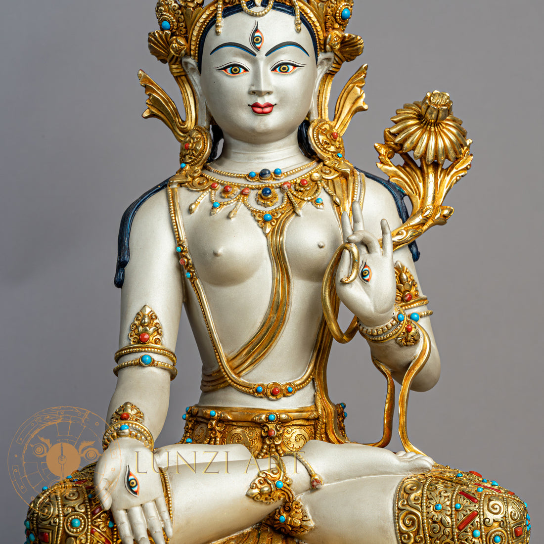 White Tara Statue | Gold-Plated Copper with Silver Dust
