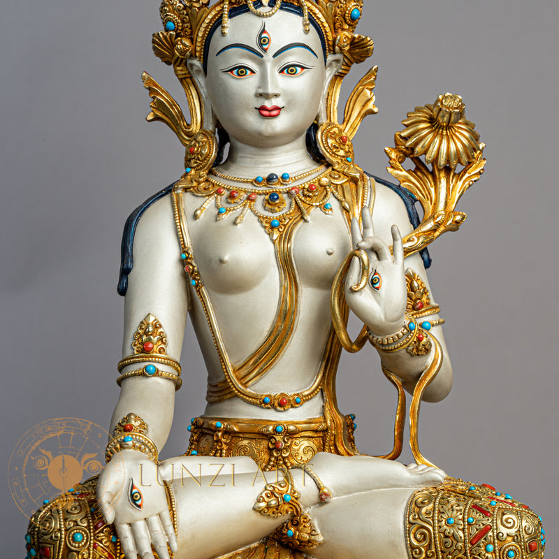 White Tara Statue | Gold-Plated Copper with Silver Dust