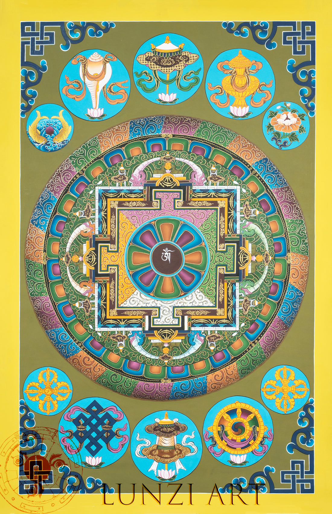 Eight Auspicious Symbols Mandala Thangka | Blessings & Harmony - T-S-FB-BB-LFM-0002
