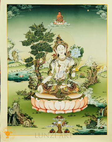 Fine hand-painted White Tara, the goddess of Tibetan Buddhism - Thangka
