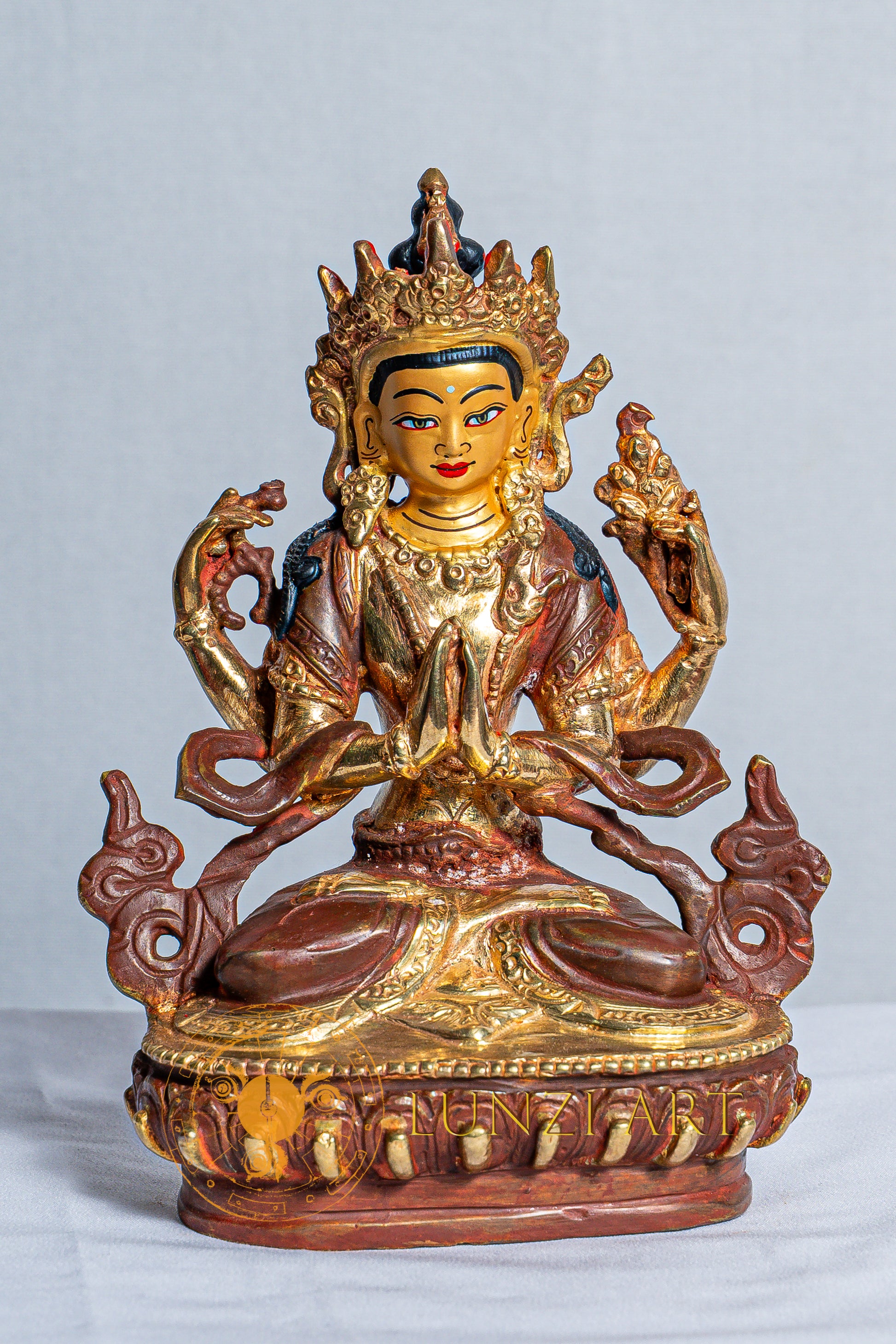 Four-Armed Chenrezig Avalokitesvara Statue | Copper with Mercury Gold Plating - statues
