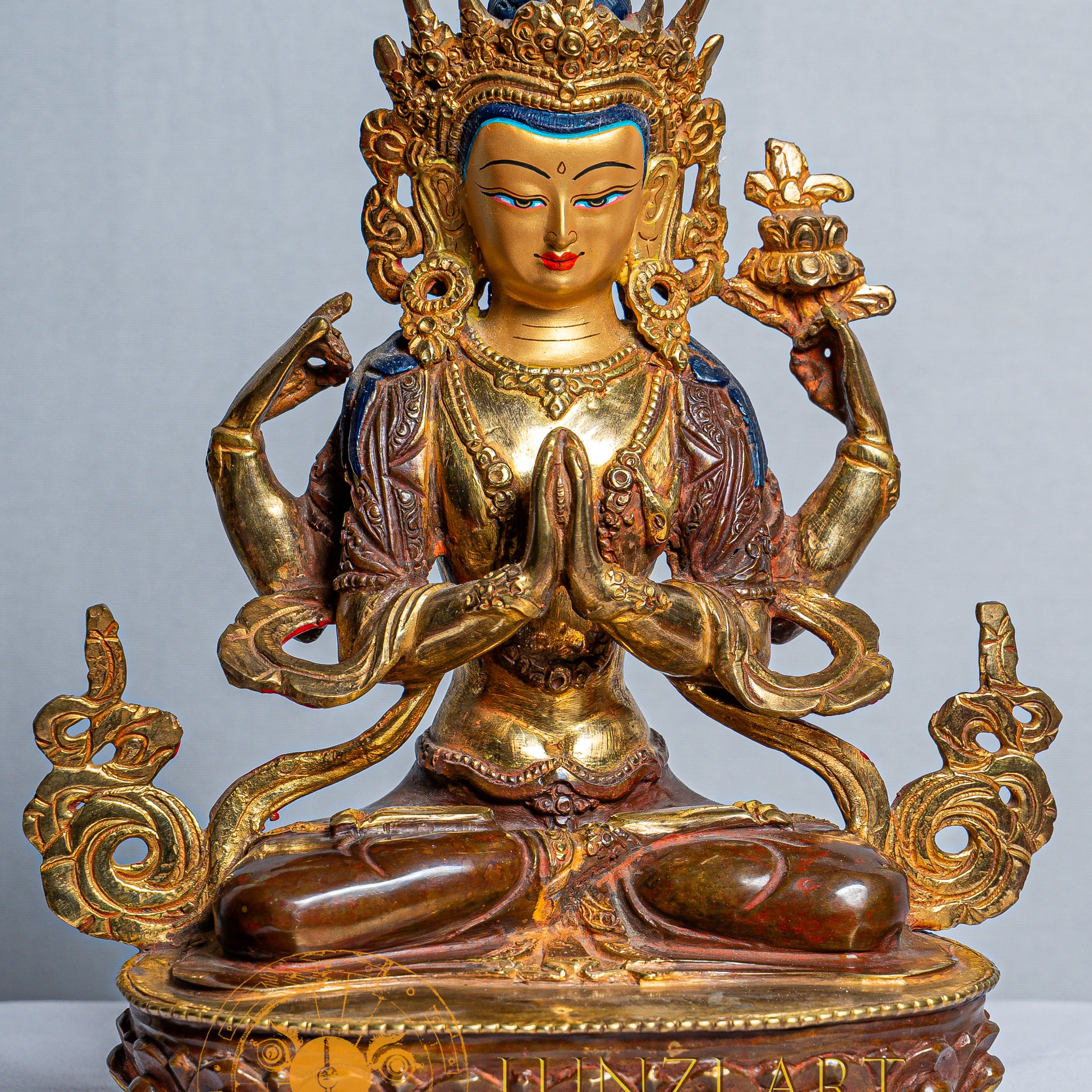 Four-Armed Chenrezig Avalokitesvara Statue | Mercury Gold Plated on Copper - statues