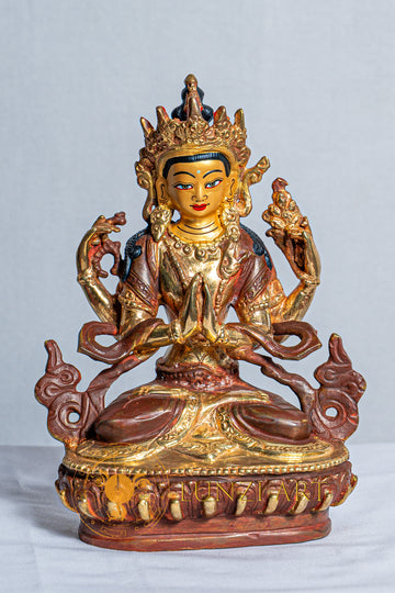 Four-Armed Chenrezig Statue | Copper with Mercury Gold Plating - S-B-AS-MG-CG-C-0001