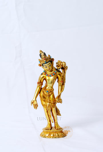 Gilded copper statue of Padmapani Lokeshwor holding a lotus - S-P-BA-FG -CG-PL-0020