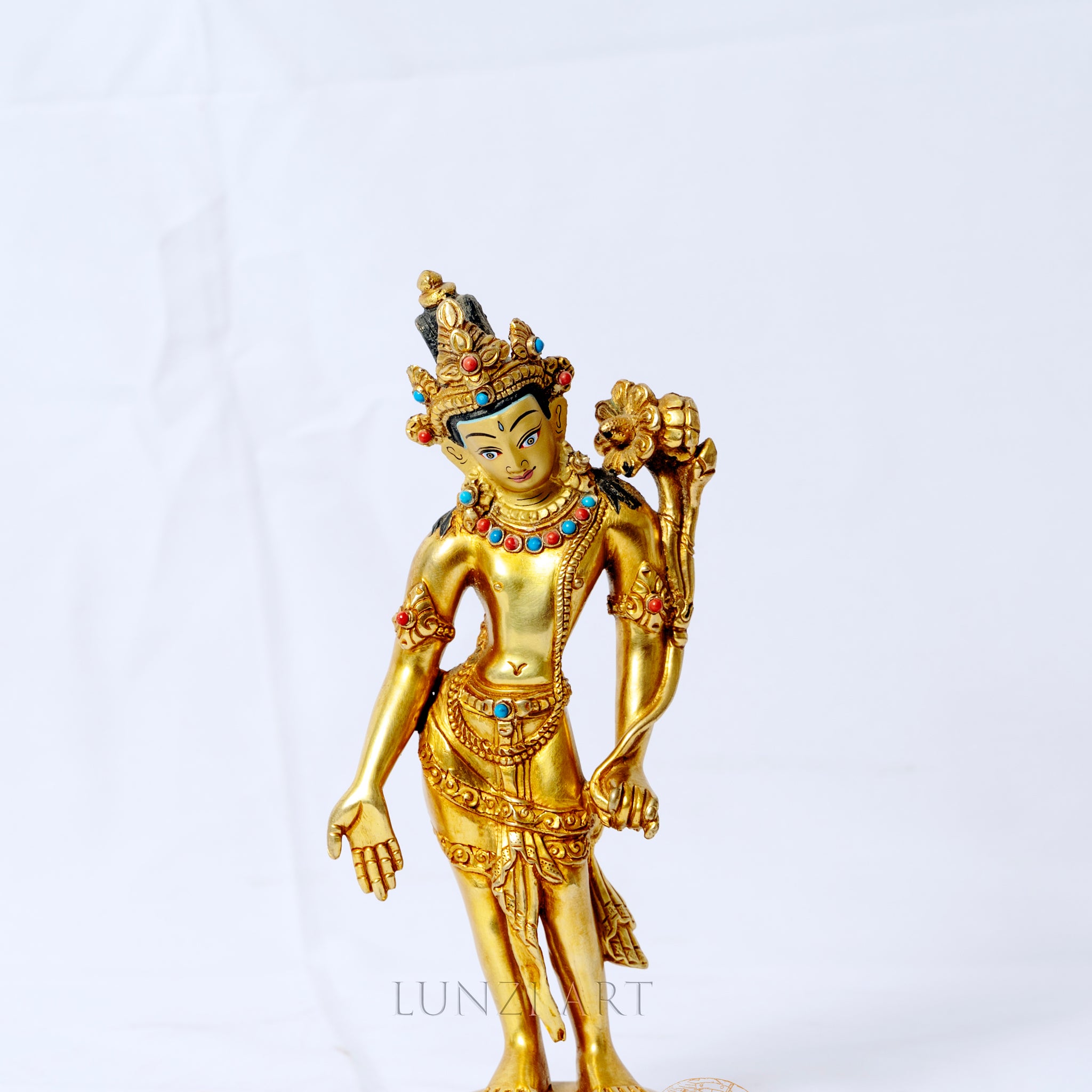 Gilded copper statue of Padmapani Lokeshwor holding a lotus - statues