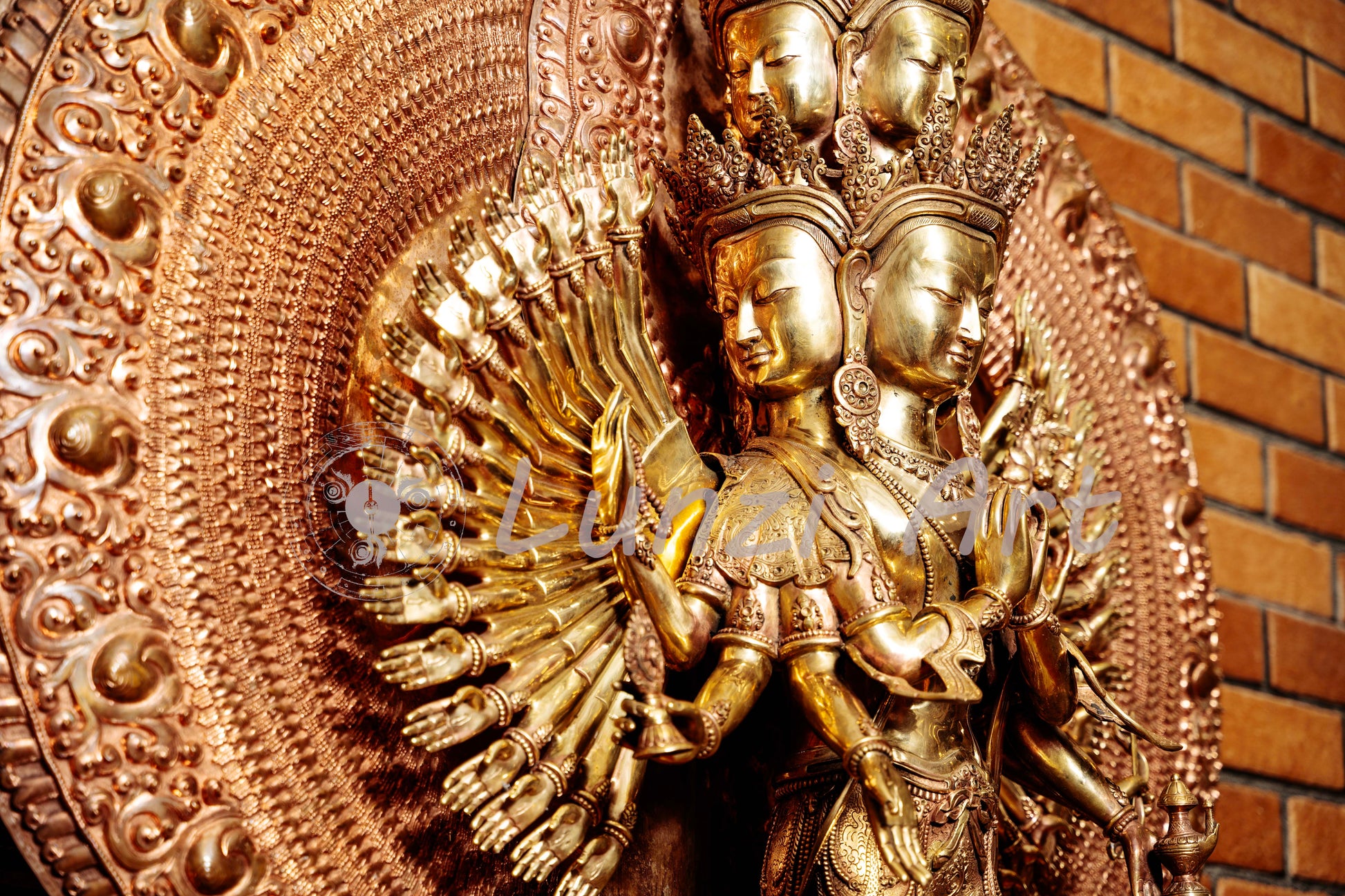 Gold Plated Multi-Faced Thousand-Armed Avalokiteshvara Statue - S-P-SS-C-TAA-0001