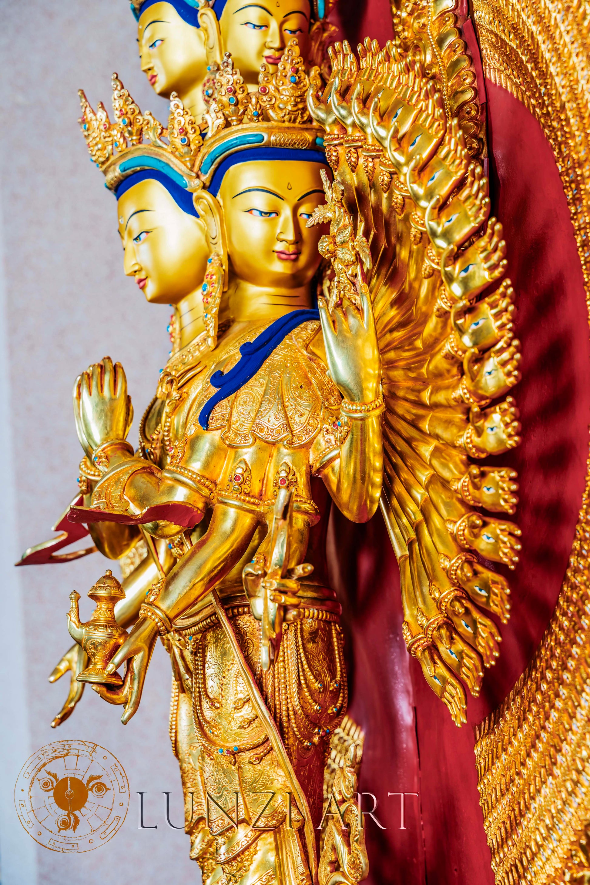 Gold Plated Multi-Faced Thousand-Armed Avalokiteshvara Statue - S-P-SS-CG-TAA-0009