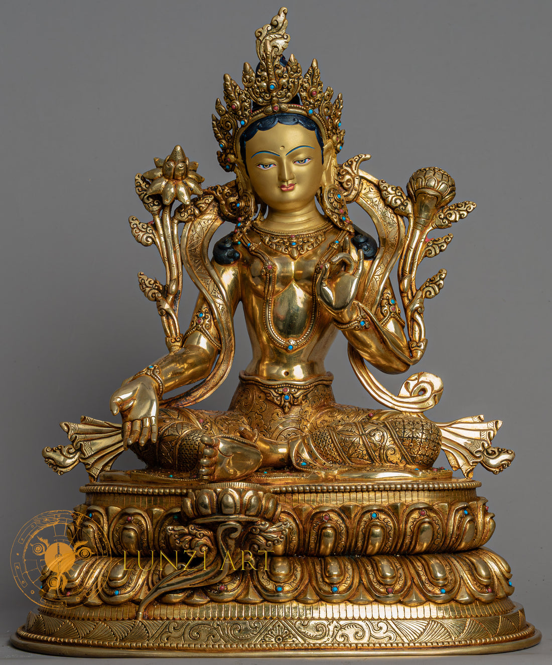 Green Tara Sculpture | Handmade Fully Gold-Plated Copper Statue - S-B-BA-FG-CG-GT-0127