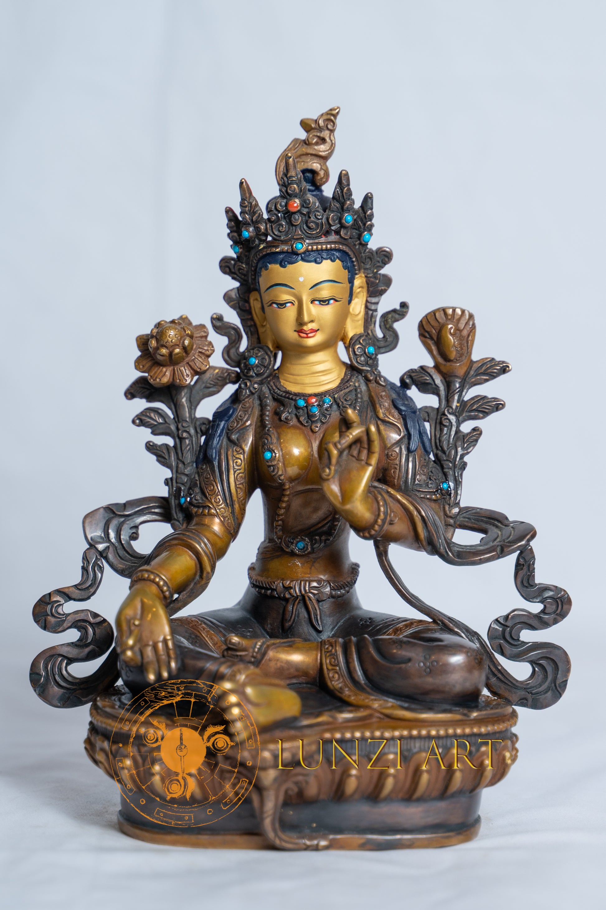 Green Tara Statue | Copper Oxidized with Painted Face - S-B-RM-C-GT-0016