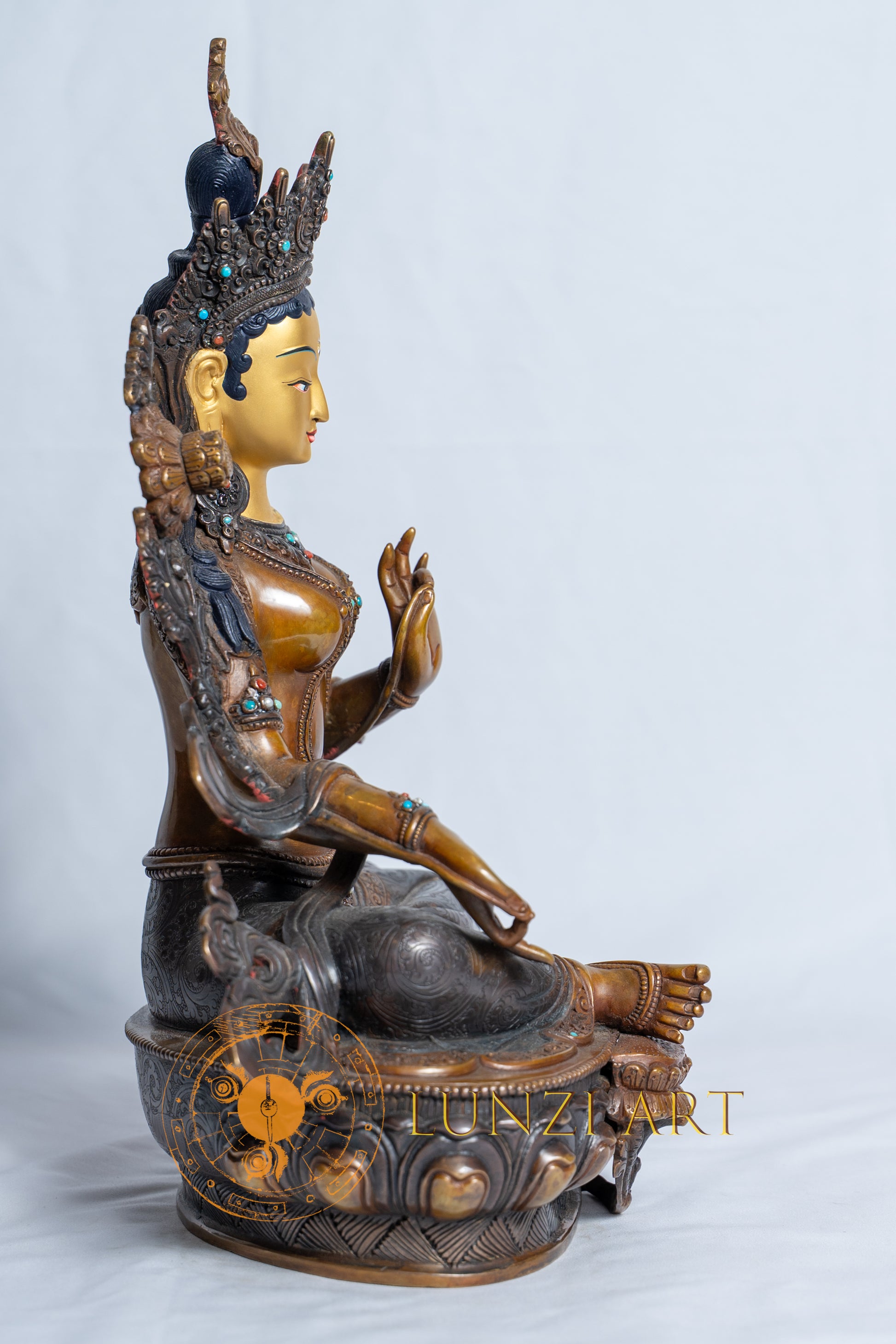 Green Tara Statue | Copper Oxidized with Painted Face - S-B-RM-C-GT-0020