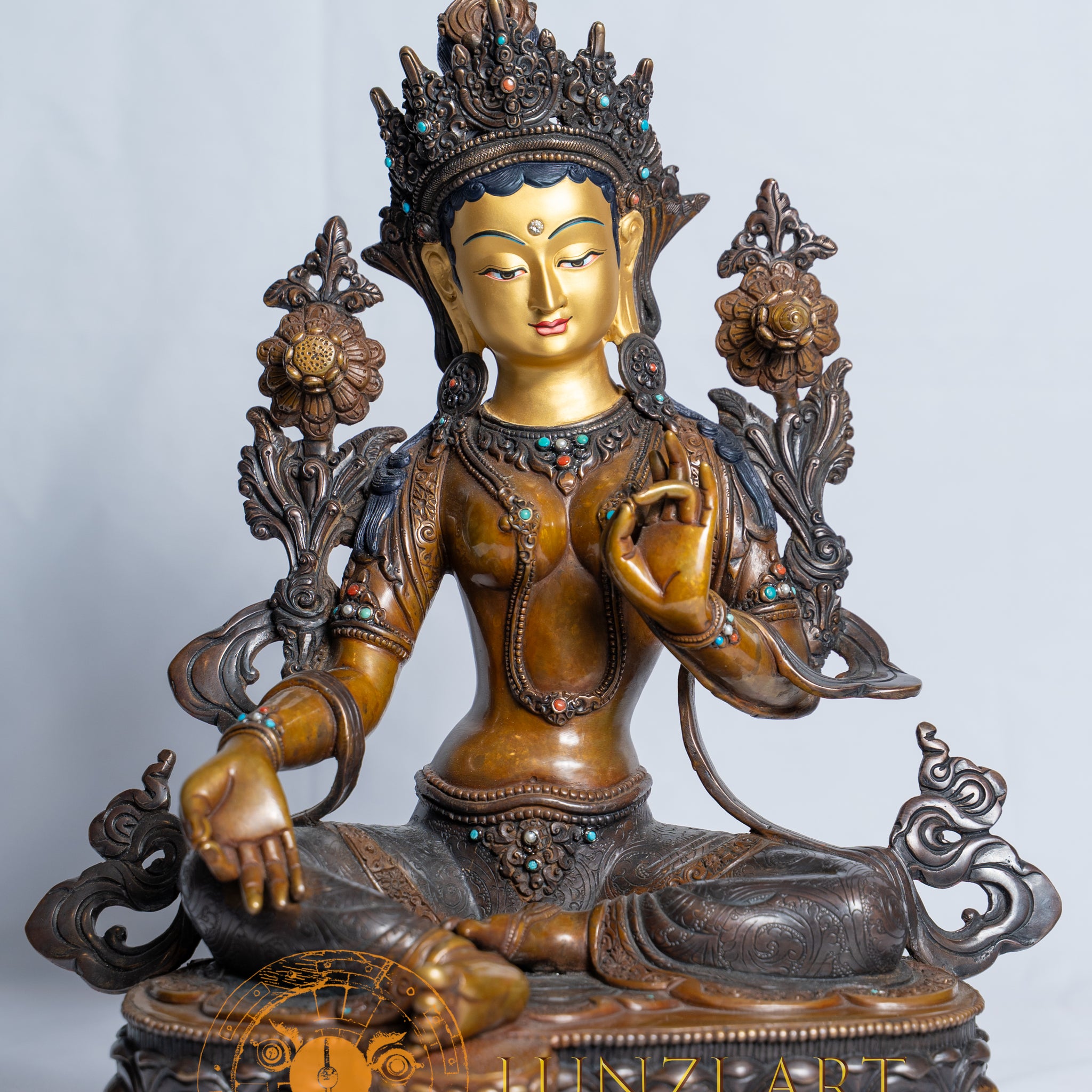 Green Tara Statue | Copper Oxidized with Painted Face - statues