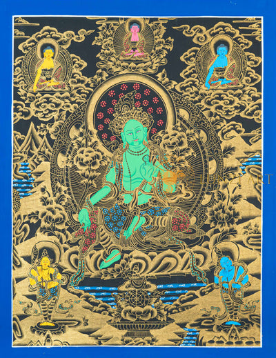 Green Tara Thangka | Hand-Painted Gold-Etched Swift Protection Art - T-N-ET-RB-GT-0049