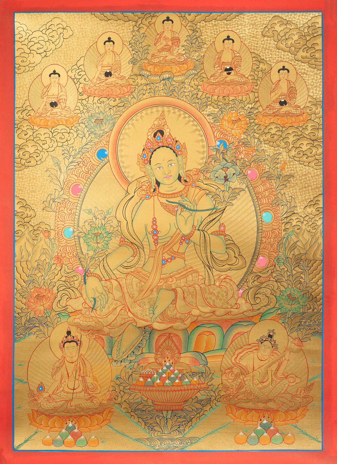 Green Tara Thangka | Hand-Painted Golden Mother of Protection - T-N-ET-GB-GT-0013