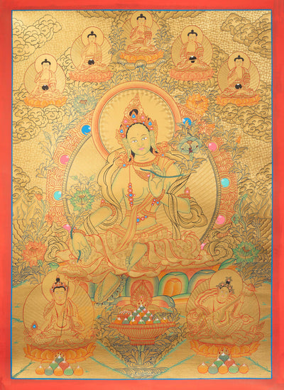 Green Tara Thangka | Hand-Painted Golden Mother of Protection - T-N-ET-GB-GT-0013