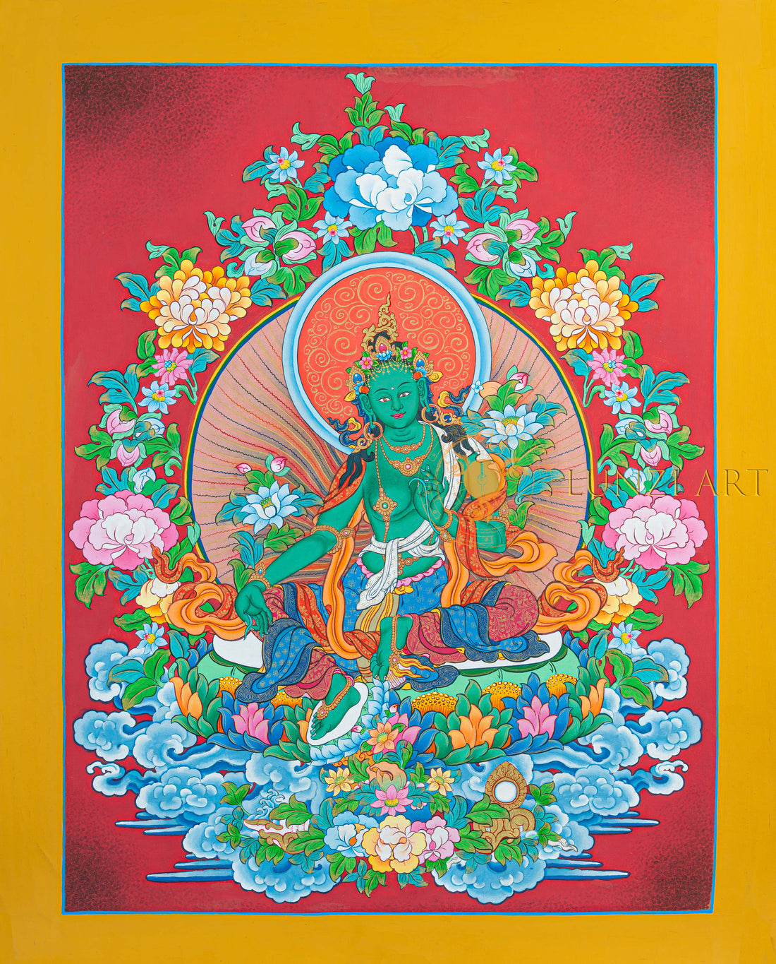 Green Tara Thangka: The Golden Radiance of Protection - T-N-ET-YB-AU-GT-0083