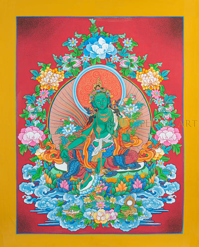 Green Tara Thangka: The Golden Radiance of Protection - T-N-ET-YB-AU-GT-0083
