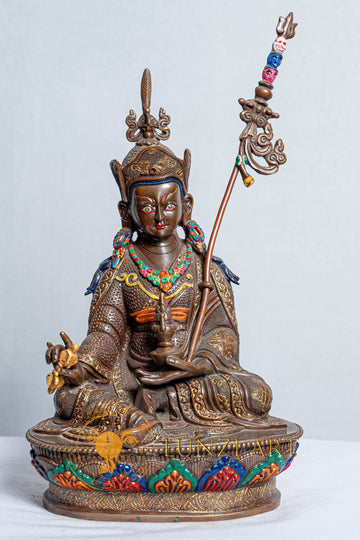 Guru Rinpoche(Padmasambhava) Statue | Hand Painted Oxidized Copper - S-B-AS-C-GR-0019