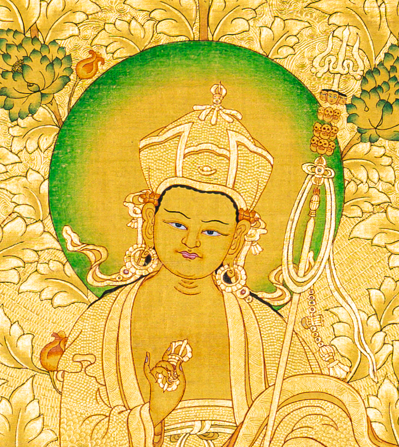 Thangka Tibétain Gandhanra - Guru Rinpoché Et Dharmapalas, Dorure, Cadre Brocart - Décoration Murale Zen Et Spirituelle Thangka Tibétain Gandhanra - Guru Rinpoché Et Dharmapalas, Dorure, Cadre Brocart - Décoration Murale Zen Et Spirituelle