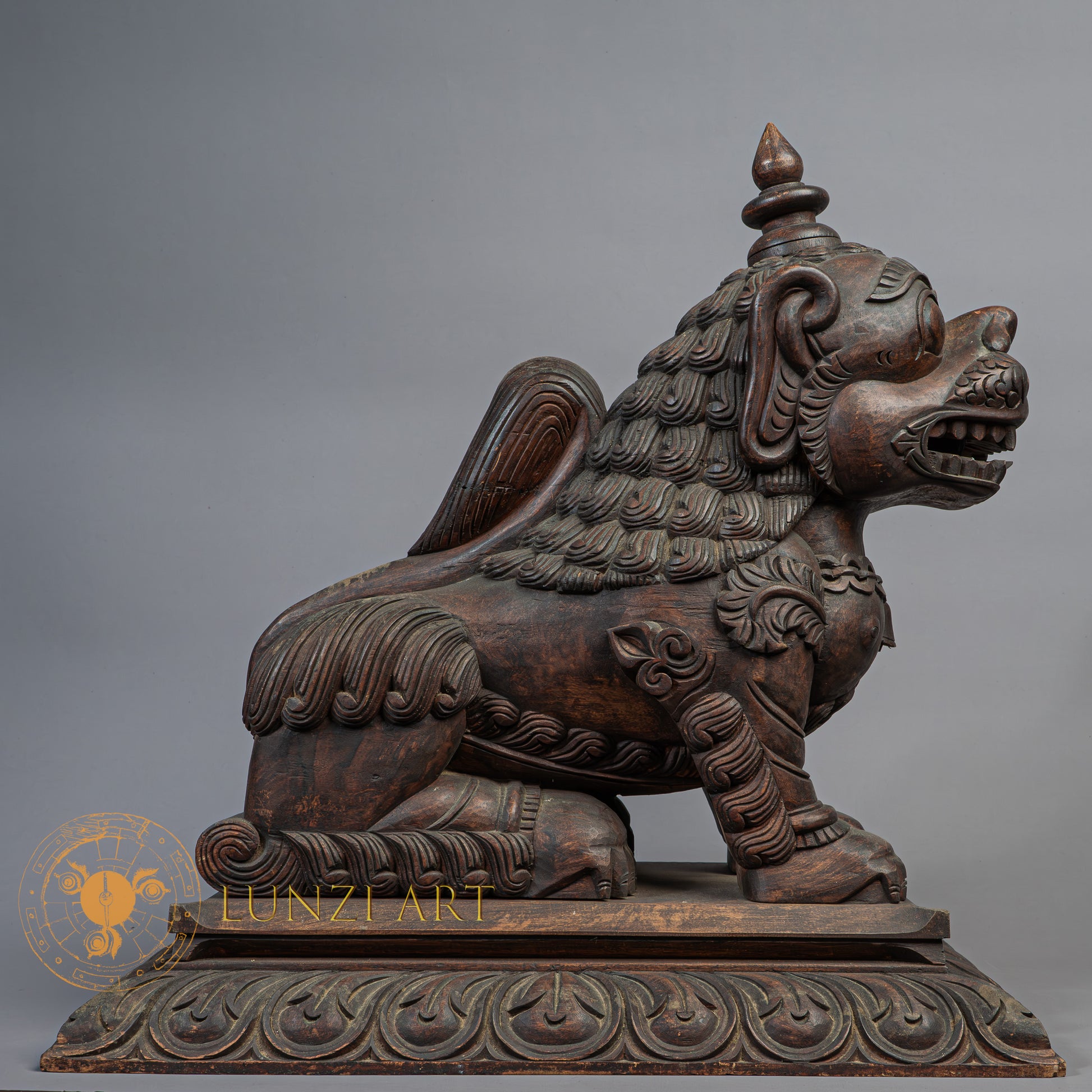Hand-Carved Chinthe (Guardian Lion) Pair | Sacred Karma Wood - W-B-DT-LP-0020