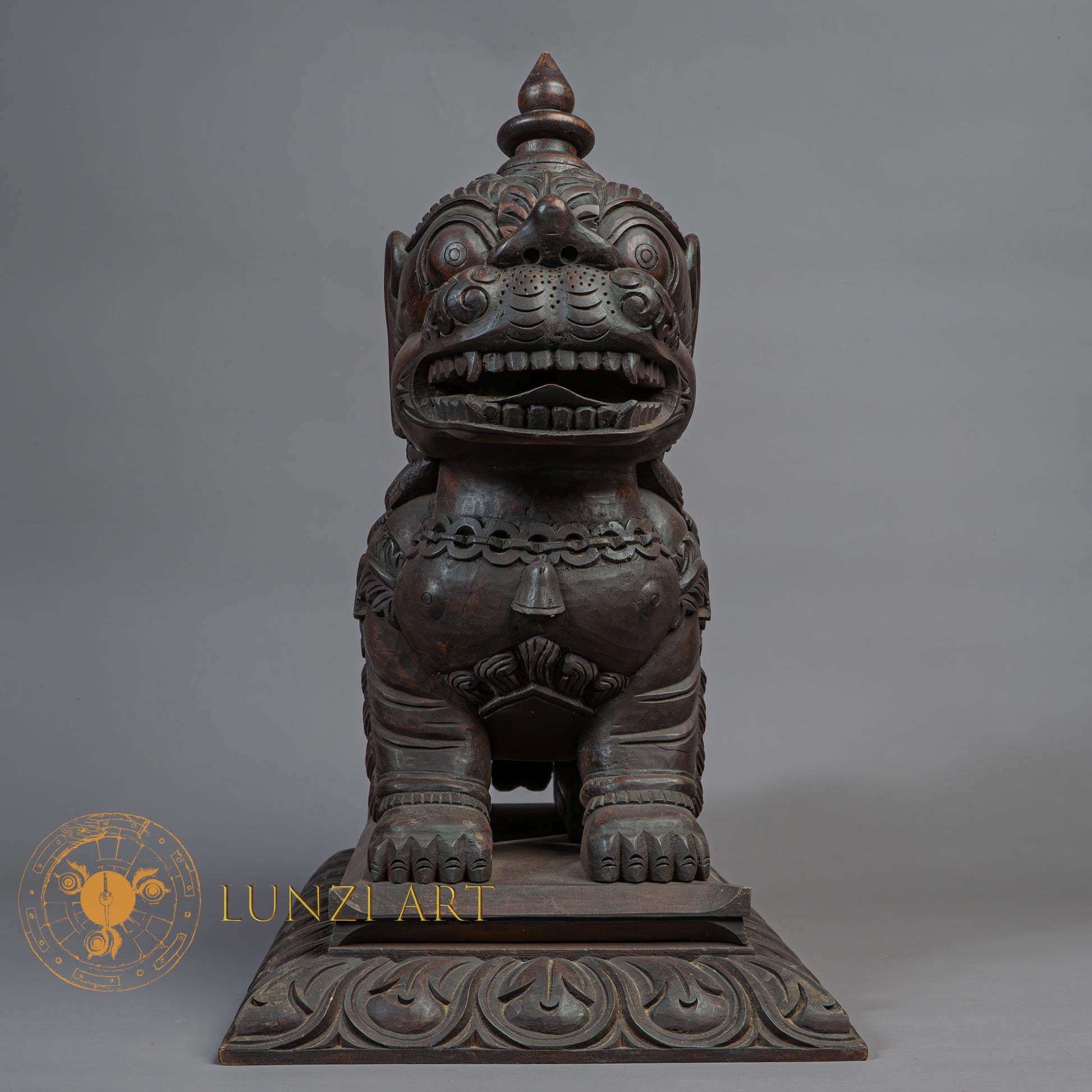Hand-Carved Chinthe (Guardian Lion) Pair | Sacred Karma Wood - W-B-DT-LP-0020