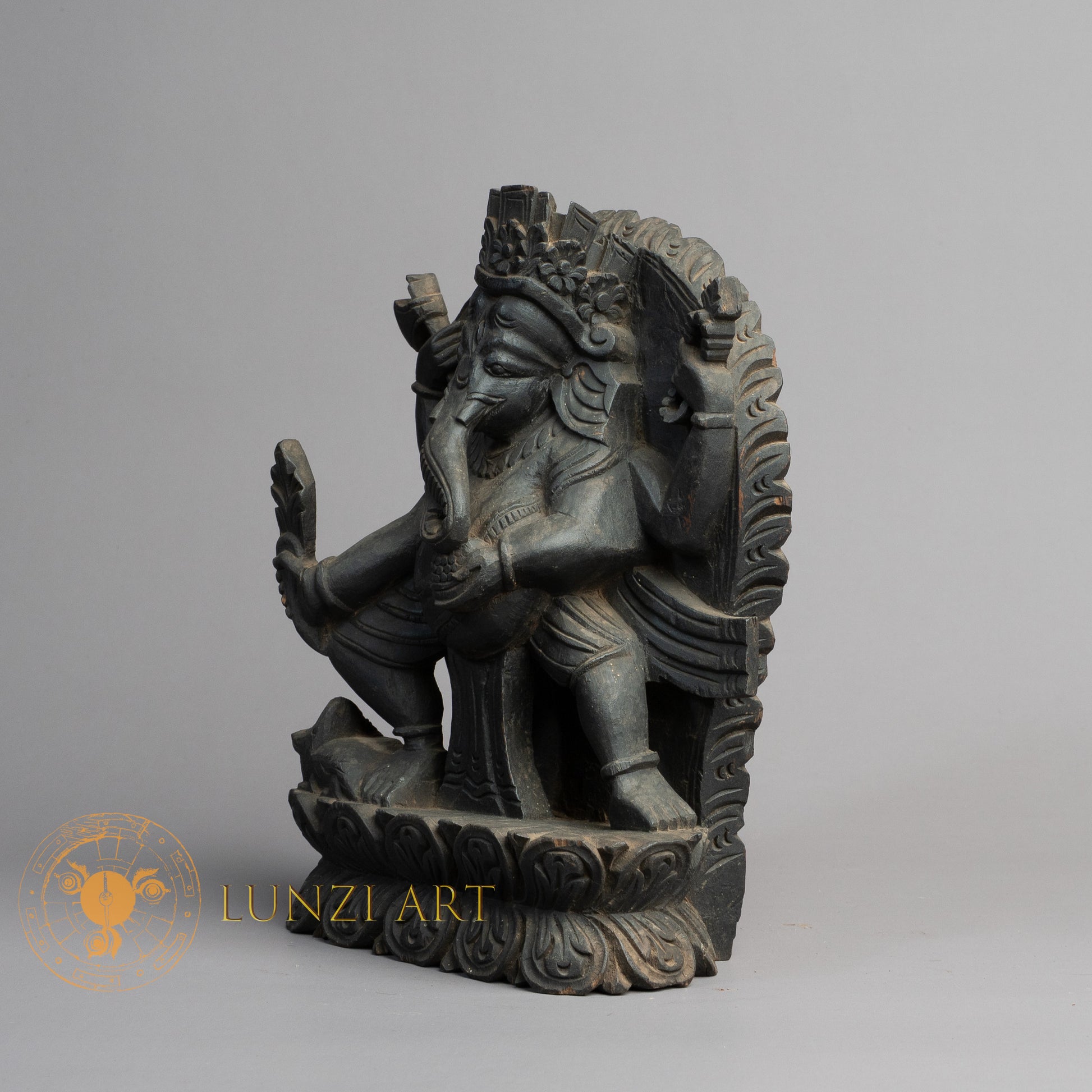 Hand-Carved Ganesha Wood Statue | Sacred Karma Wood - W-B-DT-G-0017