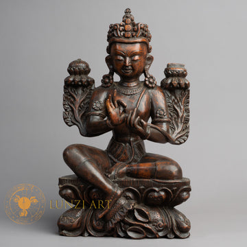 Hand-Carved Green Tara Wood Statue | Sacred Karma Wood - W-B-DT-T-0018