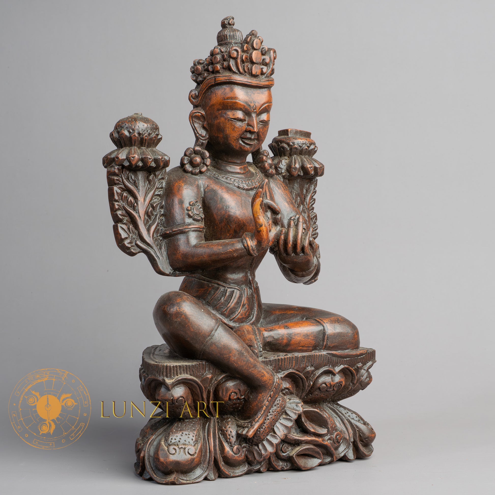 Hand-Carved Green Tara Wood Statue | Sacred Karma Wood - W-B-DT-T-0018