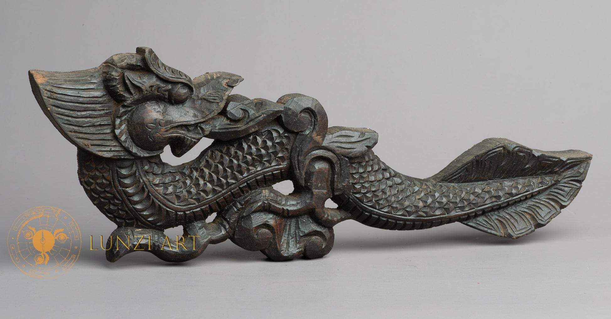 Hand-Carved Mythical Sea Dragon (Makara) | Sacred Karma Wood - W-B-DT-D-0007