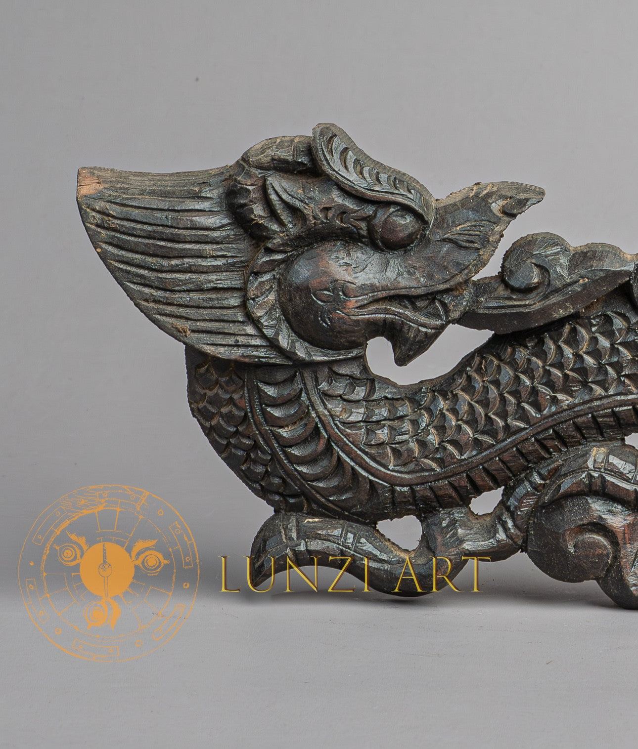 Hand-Carved Mythical Sea Dragon (Makara) | Sacred Karma Wood - W-B-DT-D-0007