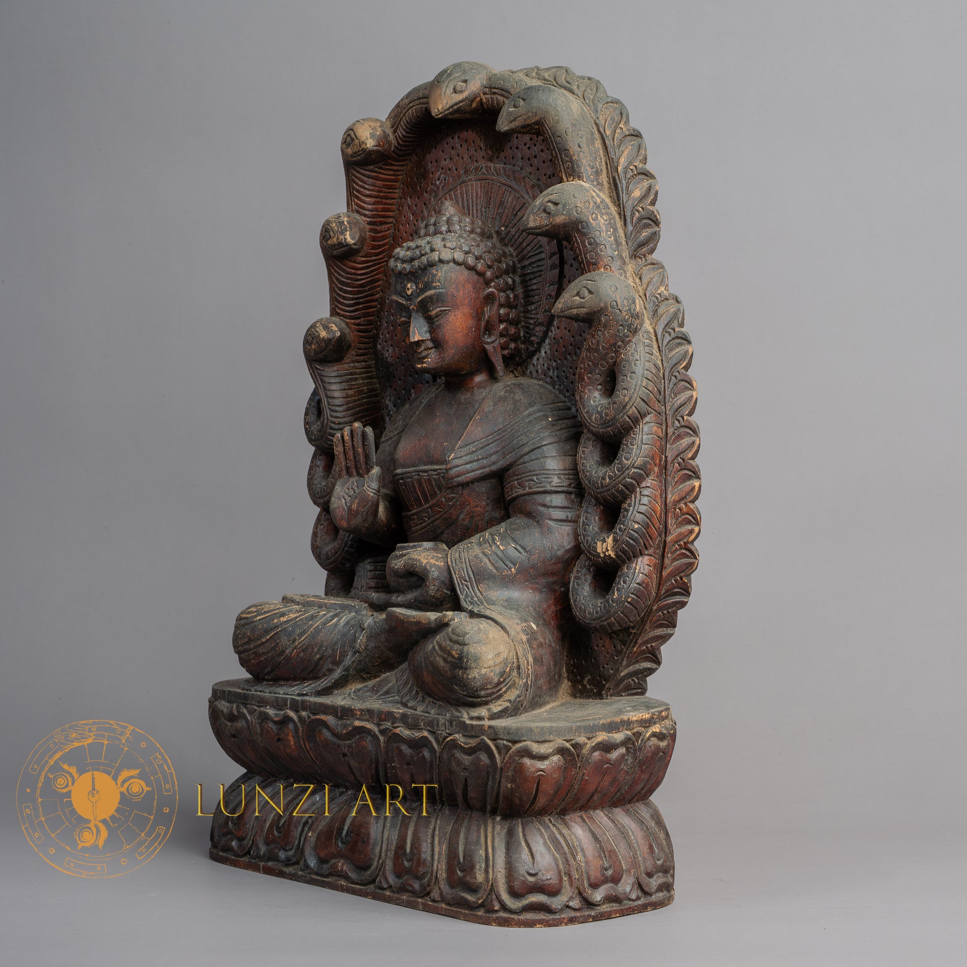 Hand-Carved Nagarjuna Wood Statue | Sacred Karma Wood - W-B-DT-N-0016