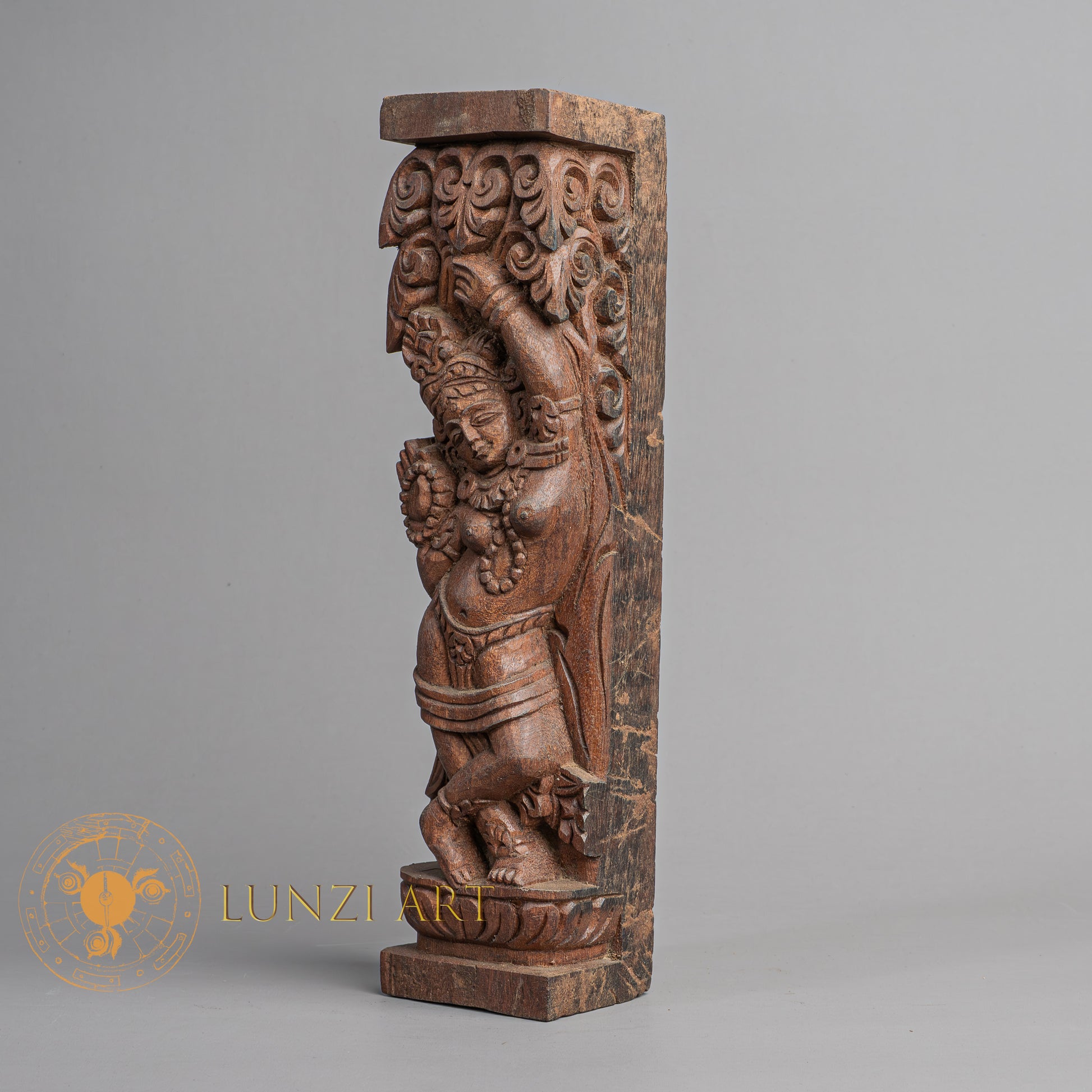 Hand-Carved Salabhanjika Yakshini Wood Tundal Sculpture | Sacred Karma Wood - W-B-DT-DP-0006