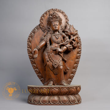 Hand-Carved Standing Chenrezig Wood Statue | Sacred Karma Wood - W-B-DT-C-0019