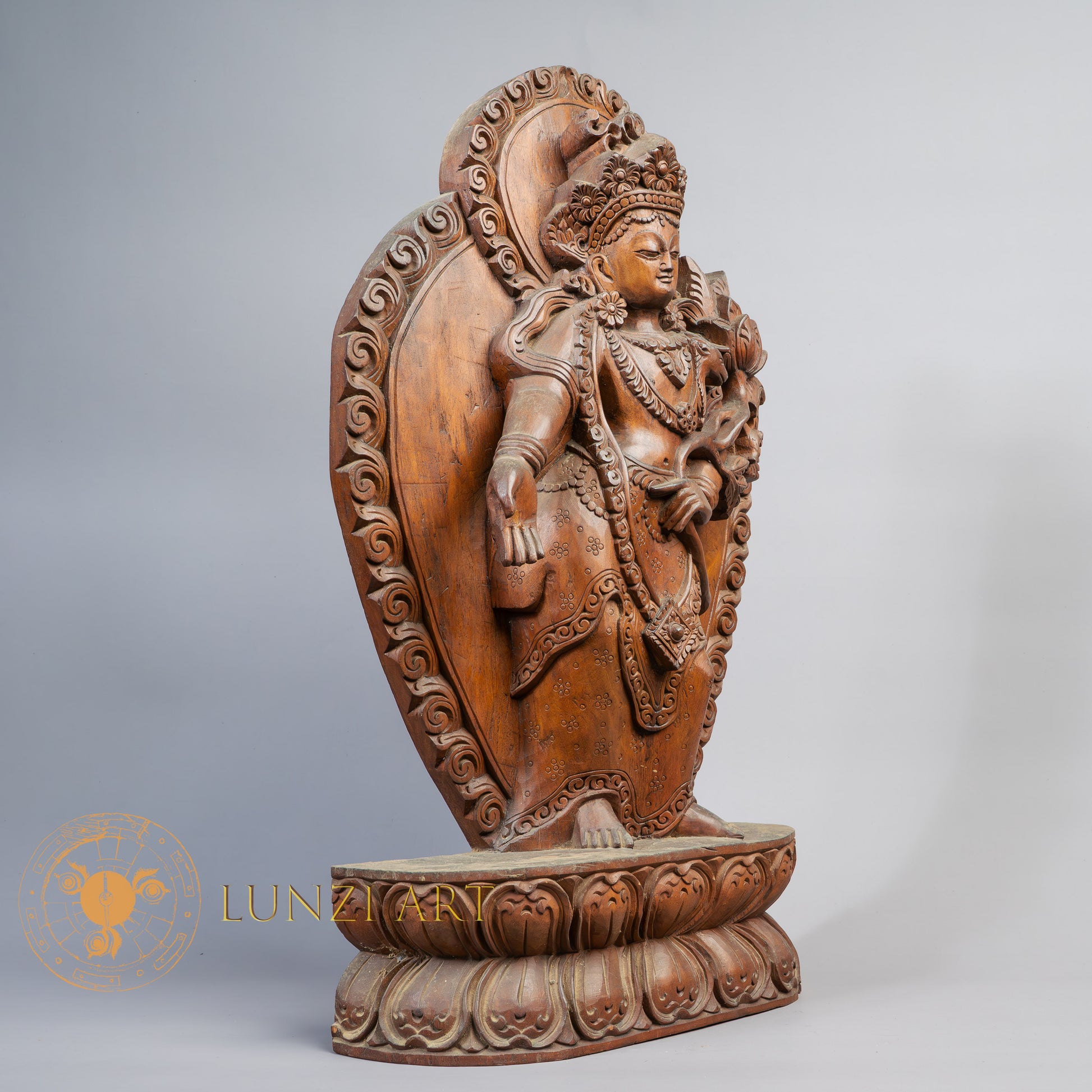 Hand-Carved Standing Chenrezig Wood Statue | Sacred Karma Wood - W-B-DT-C-0019