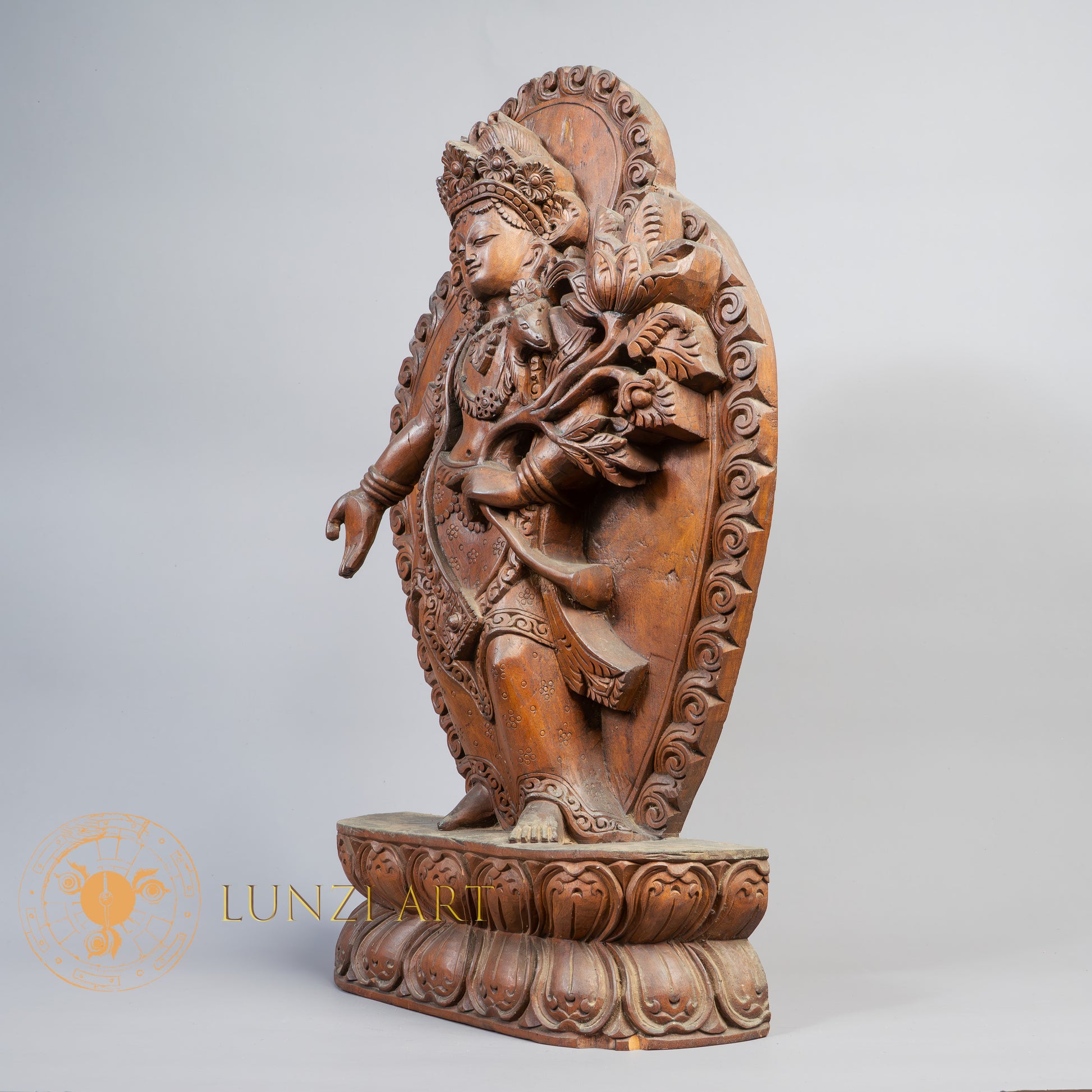Hand-Carved Standing Chenrezig Wood Statue | Sacred Karma Wood - W-B-DT-C-0019
