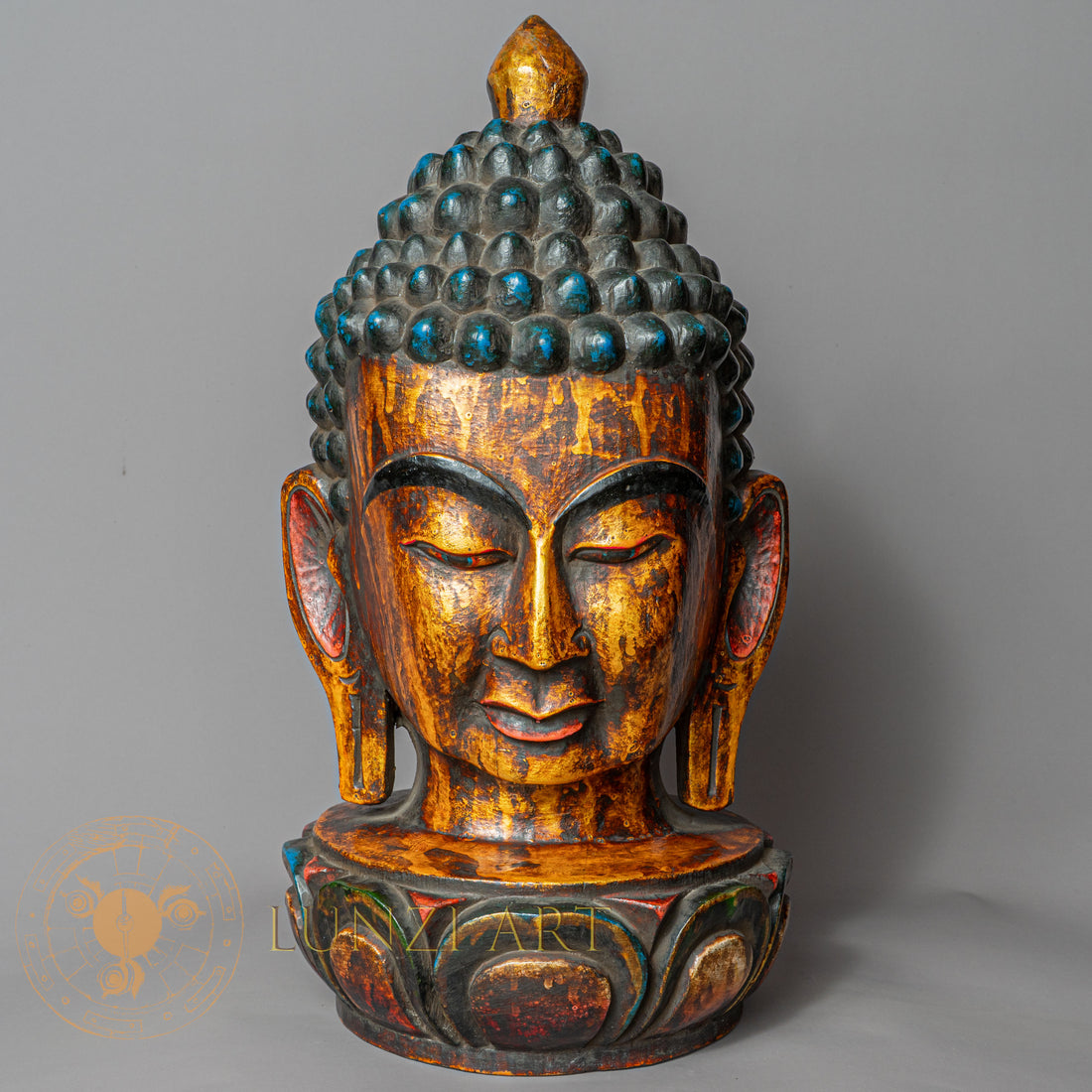 Hand-Carved Wooden Shakyamuni Buddha Head Statue | Antique Style Gold Bust - w-s-sh-sbs-0001
