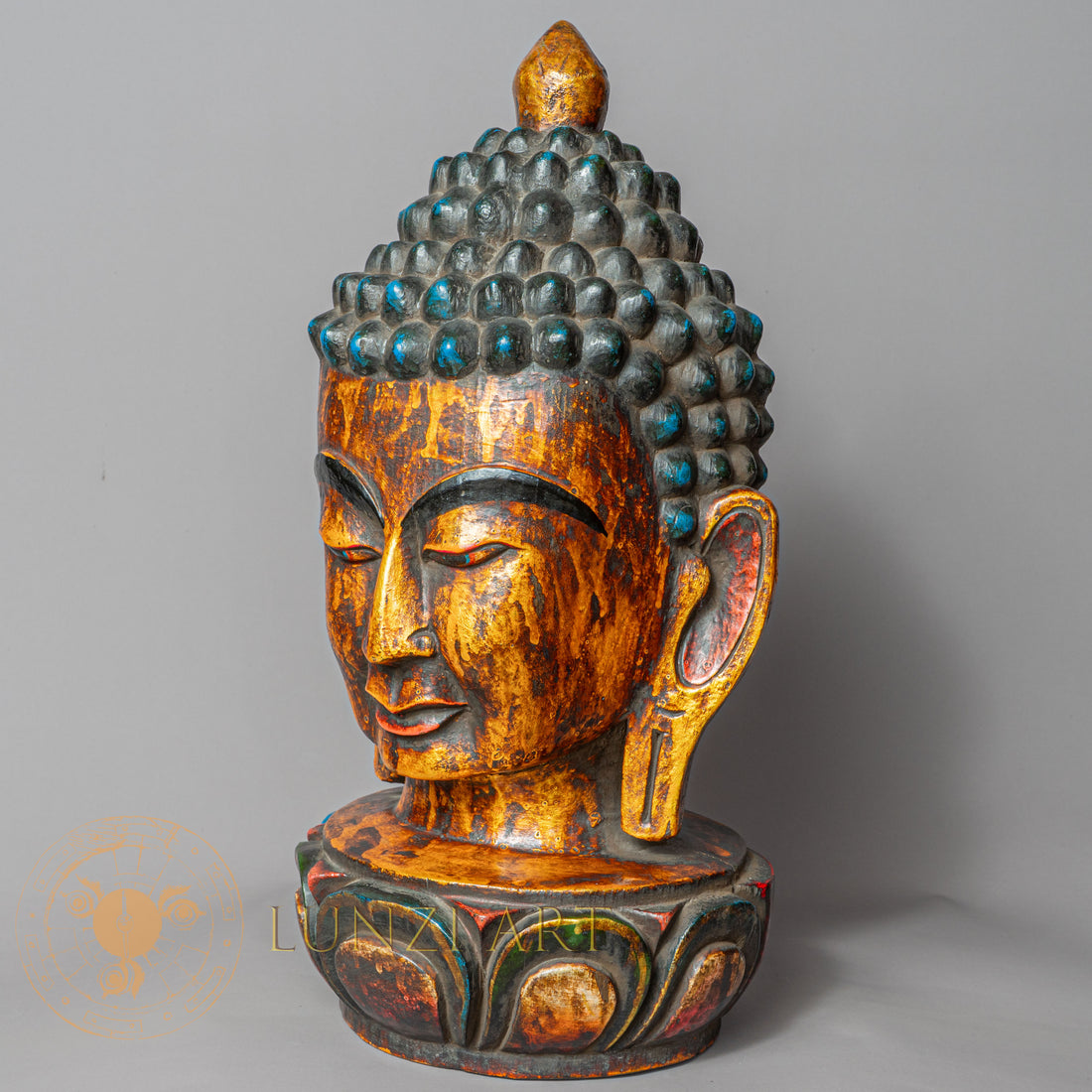 Hand-Carved Wooden Shakyamuni Buddha Head Statue | Antique Style Gold Bust - w-s-sh-sbs-0001
