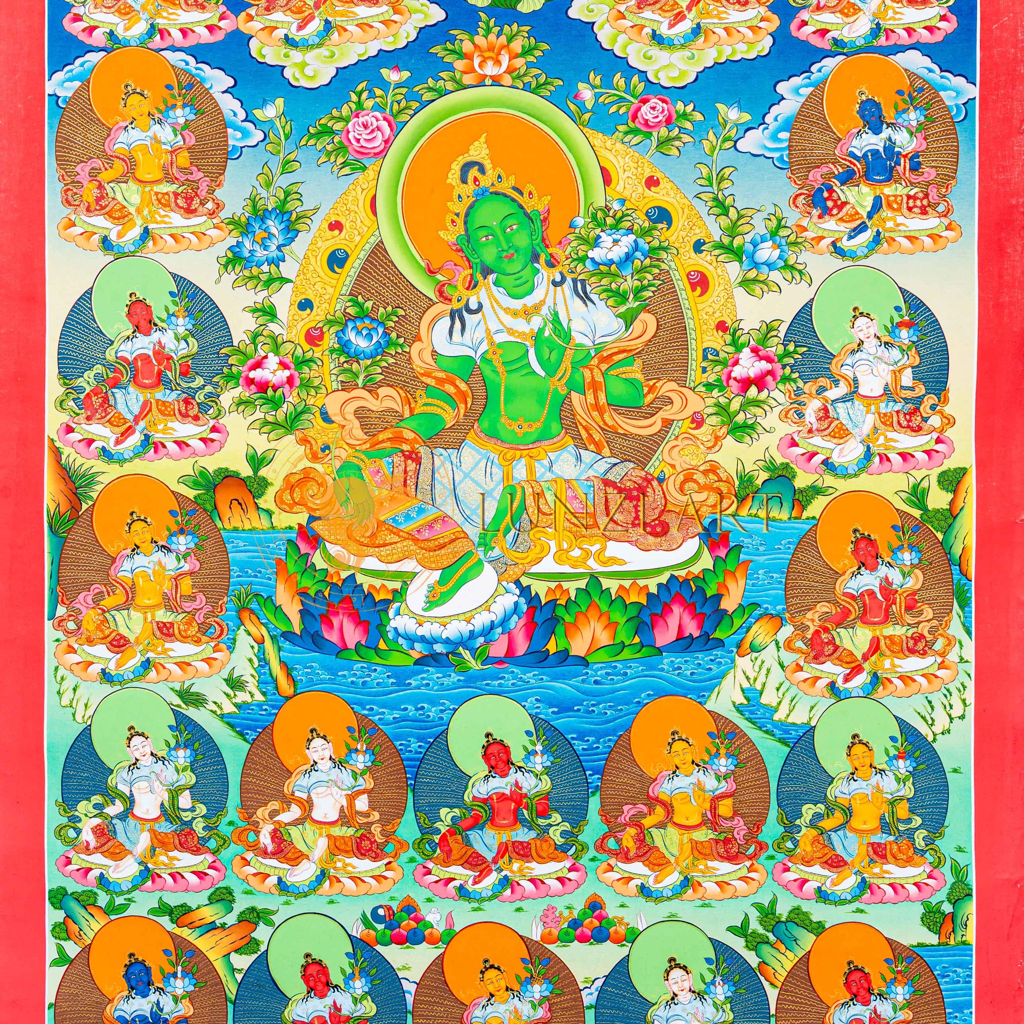 Hand-Painted 21 Green Tara Thangka - Thangka