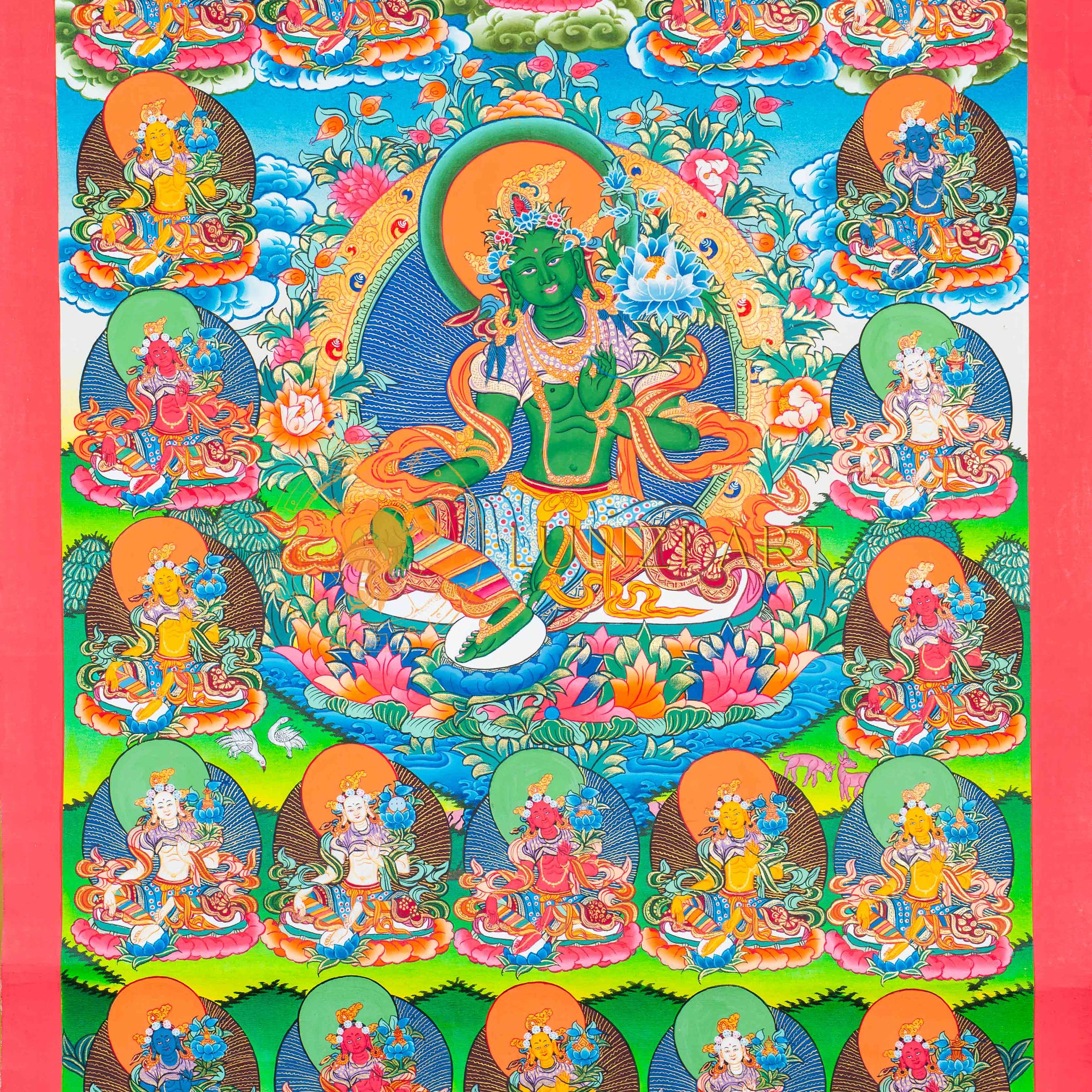 Hand-Painted 21 Green Tara Thangka - Thangka