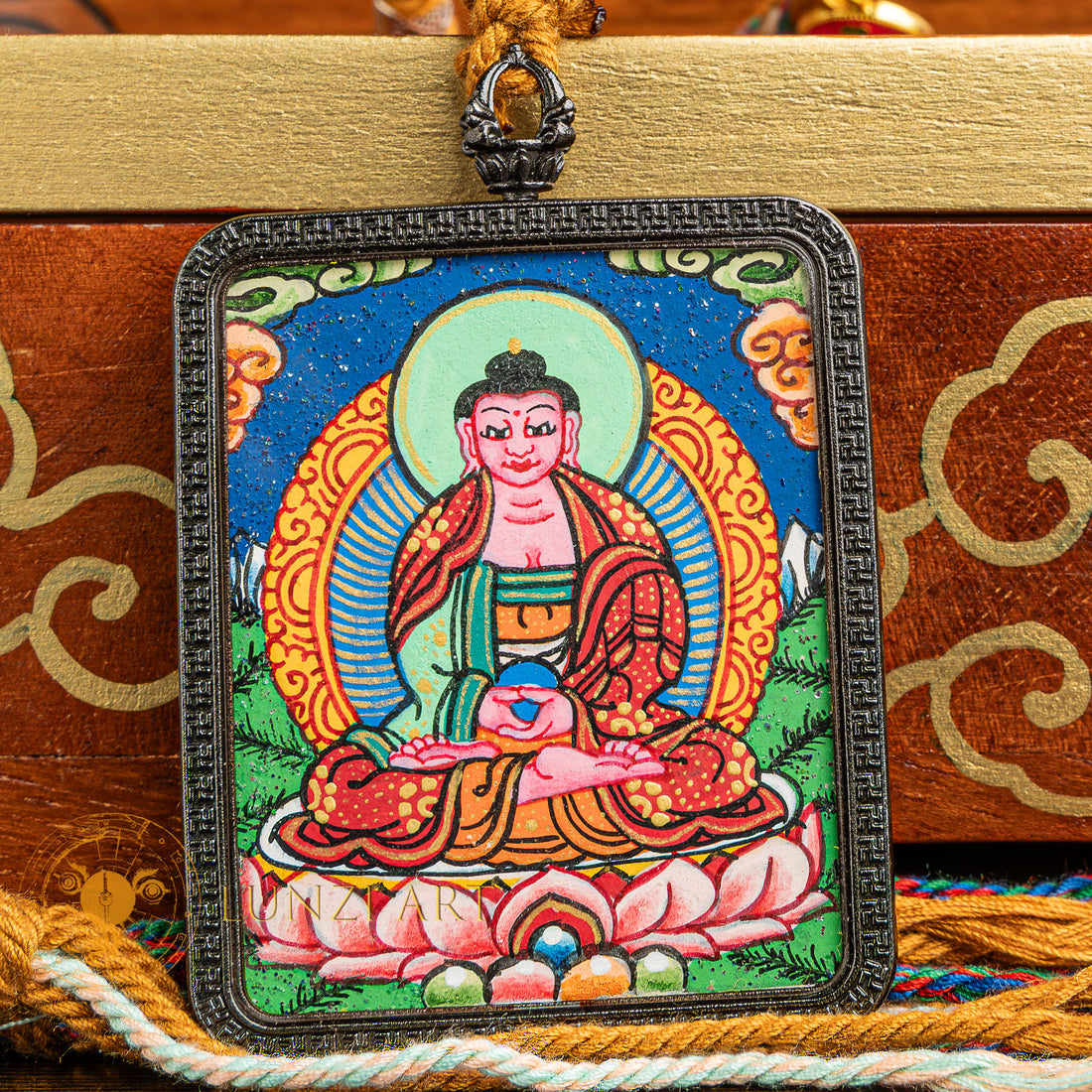 Hand-Painted Amitabha Locket Thangka: The Buddha of Infinite Light - L-A-0022