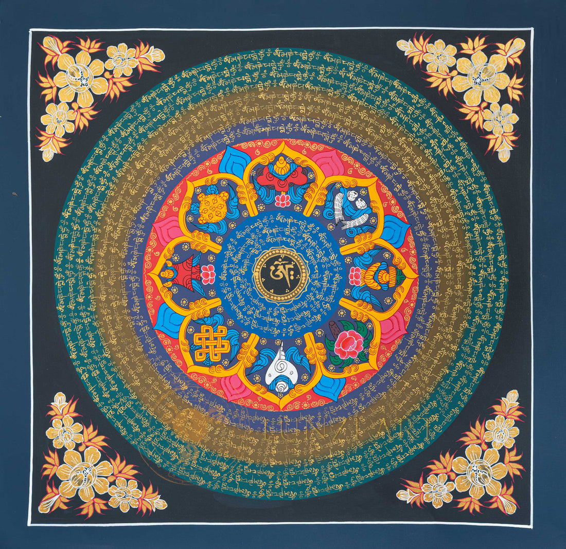 Hand-Painted Ashtamangala Om Mantra Mandala Thangka - T-N-ET-CB-MM-0035